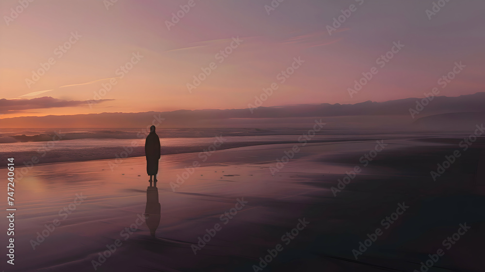  Illustration desolate beach scene at sunset, with soft, fading light casting long shadows on the sand. A single figure stands at the water's edge, looking out at the sea, silhouetted against the mela