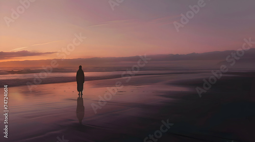  Illustration desolate beach scene at sunset, with soft, fading light casting long shadows on the sand. A single figure stands at the water's edge, looking out at the sea, silhouetted against the mela