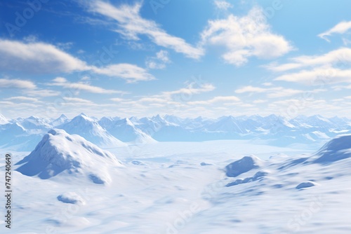 a snowy landscape with mountains and blue sky