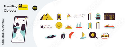 Travelling 2D linear cartoon objects bundle. Leisure activities, tourist baggage isolated line vector elements white background. Flight plane, water sports color flat spot illustration collection