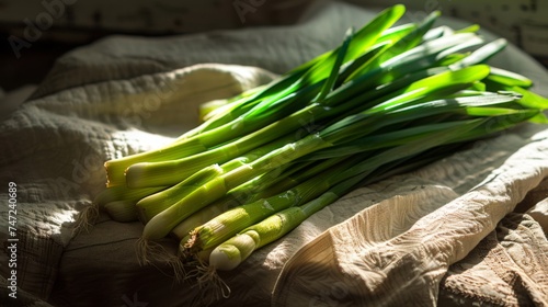 Farm fresh organic garleek. Pile of raw garleek. New green vegetable. photo