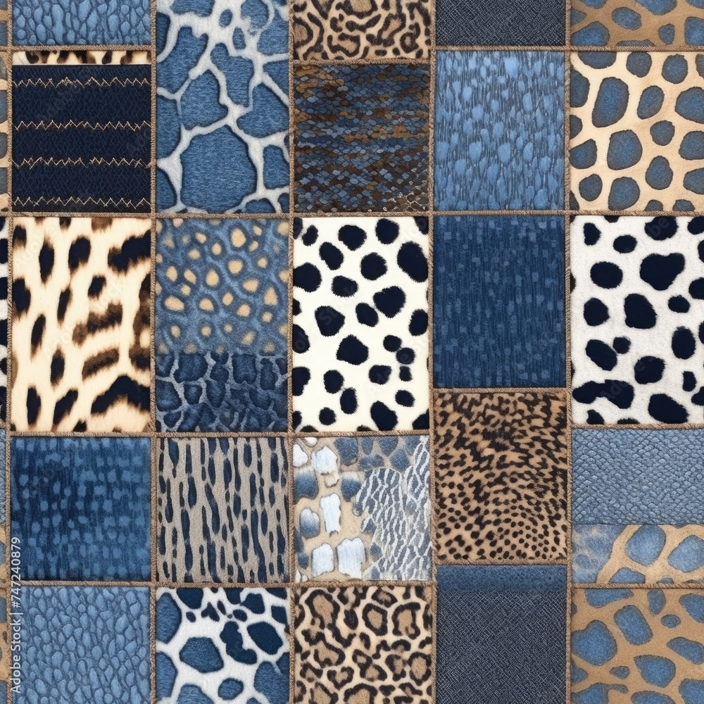 Seamless Collage of Denim and Wild Animal Patterns in Blue Hues.