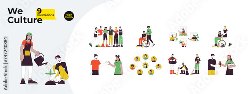 Community cooperation line cartoon flat illustration bundle. Volunteer group multicultural 2D lineart characters isolated on white background. Collaboration teamwork vector color image collection