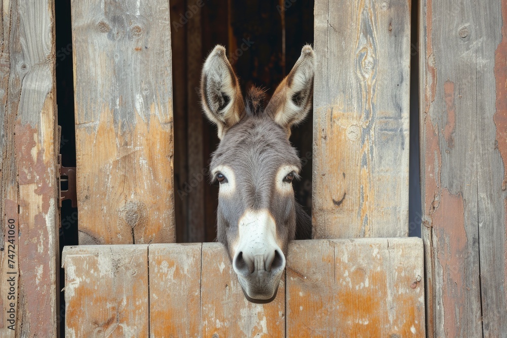 a donkey looking out of a wooden door. generative ai a donkey looking out of a wooden door. generative ai