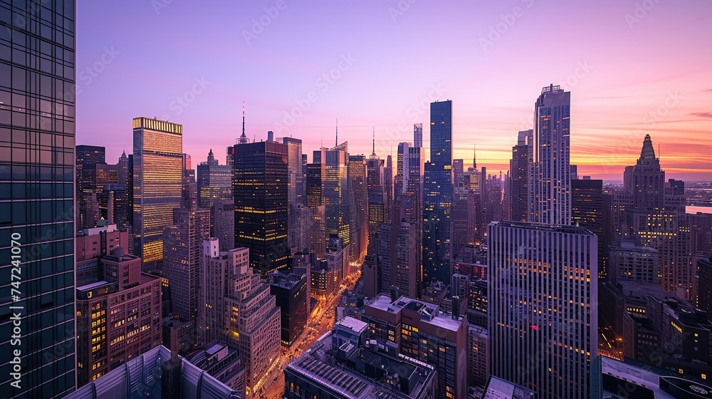 A panoramic rooftop view of a bustling cityscape at twilight, with a gradient of purple to orange hues in the sky, ideal for urban planning, travel, or business themes, offering a dynamic