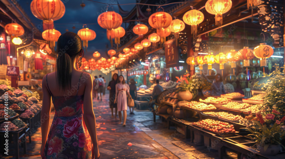 A young woman walking through an asian market surrounded by beautiful lanterns