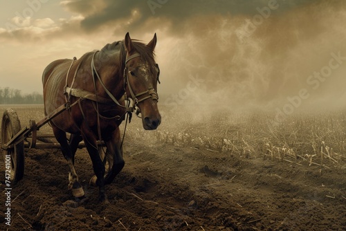 working horse plowing wheat field with a plough. generative ai photo