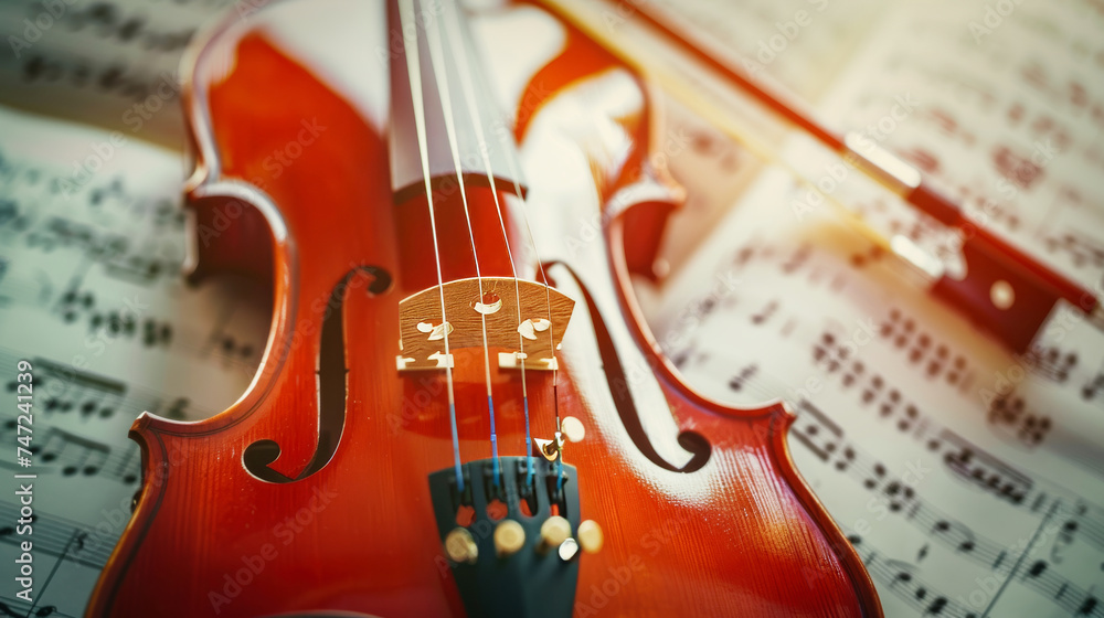 Naklejka premium Closeup of a violin over music sheets. Classical music concept.