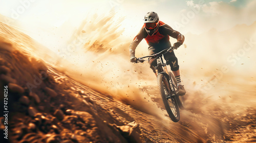 A mountain bike rider jumping in desert