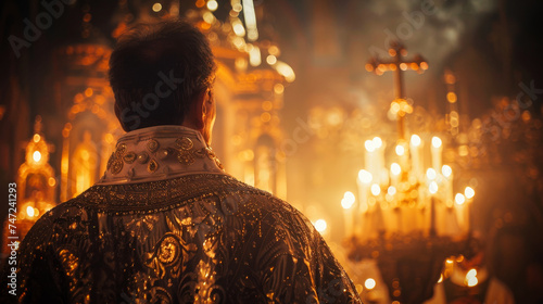 An orthodox priest or monk before the althar in an orthodox church