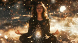 Young woman practicing meditation. Transcendent and spirituality concept.