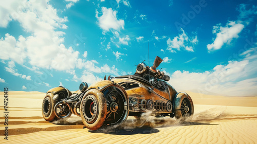 Fantasy steampunk desert vechicle rolling through desert photo