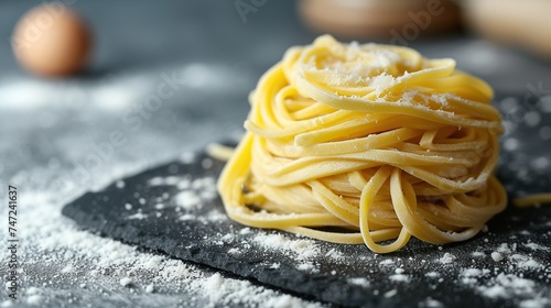 Freshly made artisanal egg pasta sprinkled with parmesan on slate  capturing the art of Italian pasta making  perfect for culinary themes and recipe concepts.