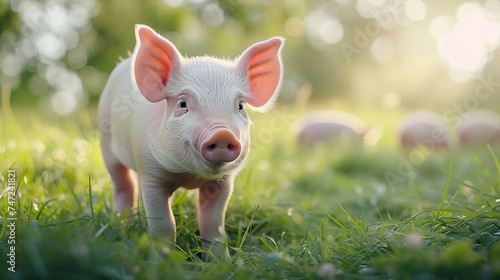 A piglet curiously exploring the grass, encapsulating themes of farm life, animal welfare, and nature, suitable for agriculture and educational content, with text area. © logonv