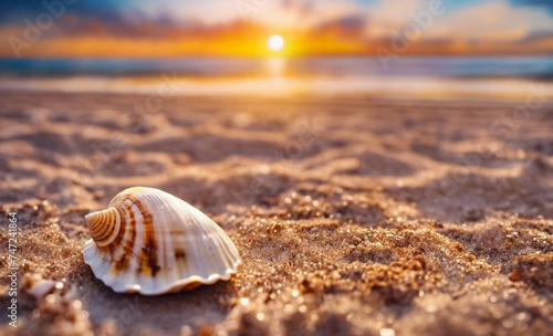 Sea shells and starfish on sandy beach at sunset. Summer vacation concept