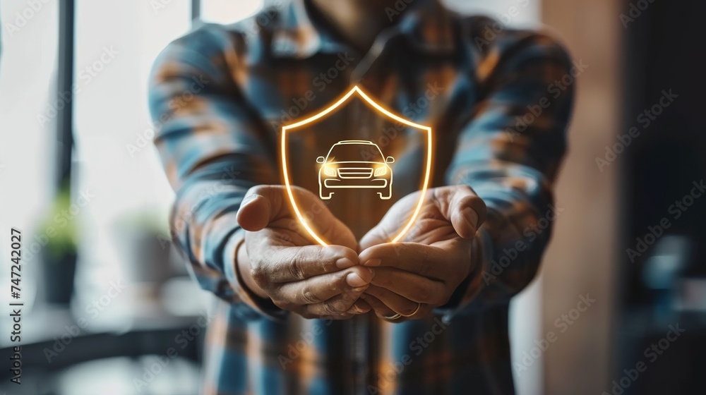 A man is holding a shield with an image of an automobile on it. notions of safety, rented cars, and auto insurance
