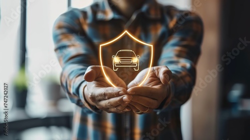 A man is holding a shield with an image of an automobile on it. notions of safety, rented cars, and auto insurance