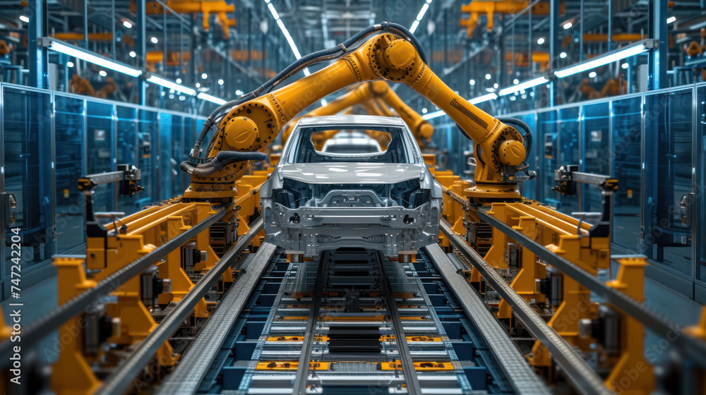 Automated robotics arms efficiently assembling a car on a production line, showcasing precision and advanced manufacturing technology