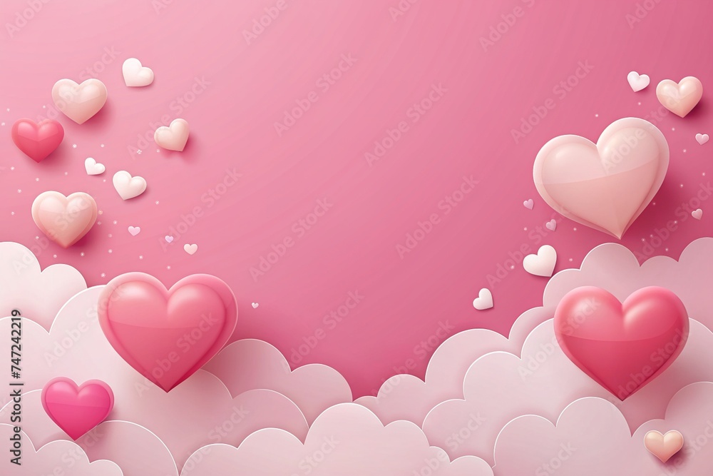 Pink Background with Hearts, Clouds, and Copy Space, Romantic Sky Scene, Love and Valentine's Day Concept, Girly Background with Hearts and Clouds, Pink Wallpaper