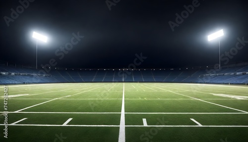 Empty football field at night with illuminated stadium lights and a dark cloudy sky