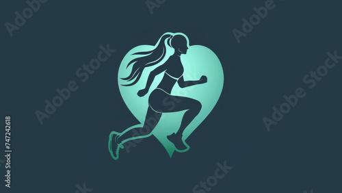 this logo of a icon of a heart shape and a woman jogging in the center, using tangent lines, symmetry, classical design, beauty, fitness. Solid green