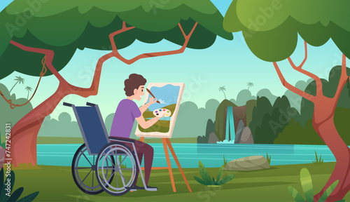 Painter disabled person sitting in wheelchair and painting beautiful nature background