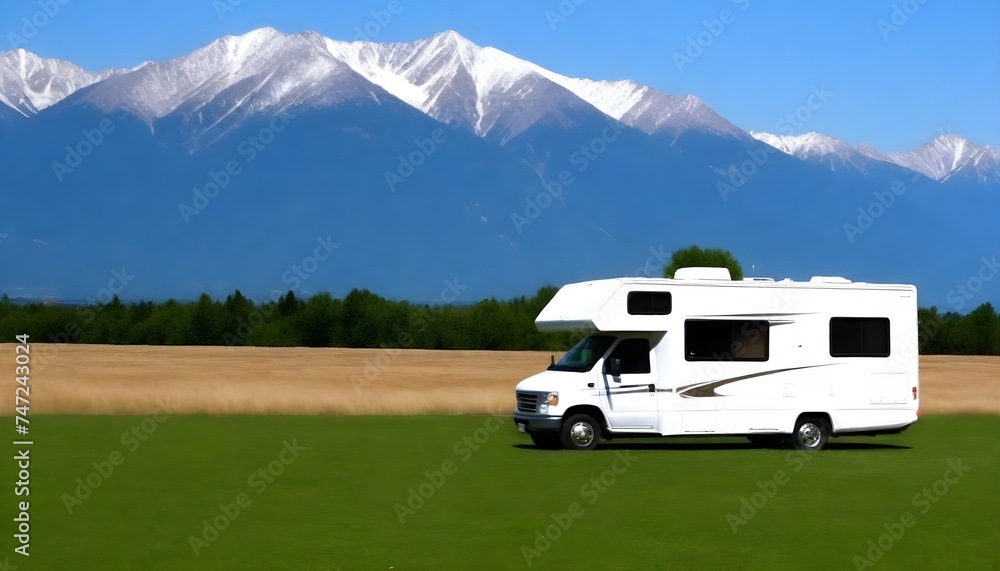 White motorhome parked on a grassy field with mountains in the background