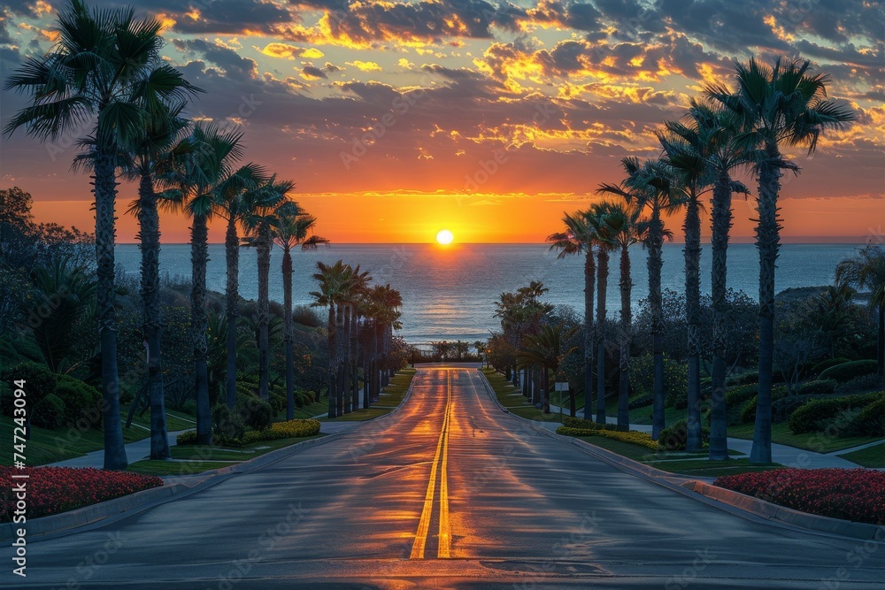 Obraz premium Sun Setting Over Ocean and Palm Trees