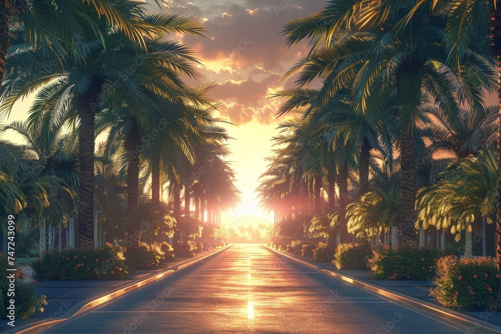 Palm-Lined Street With Setting Sun