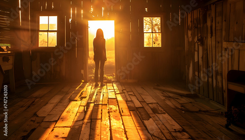 Illustration silhouette of a girl standing in the doorway of a rustic room, her posture reflecting sadness. The room is dimly lit by the soft, golden light of sunset. Depression and sad concept. 