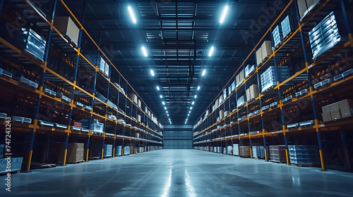 A warehouse with LED lighting, showcasing an industry building designed for distribution and retail operations photo