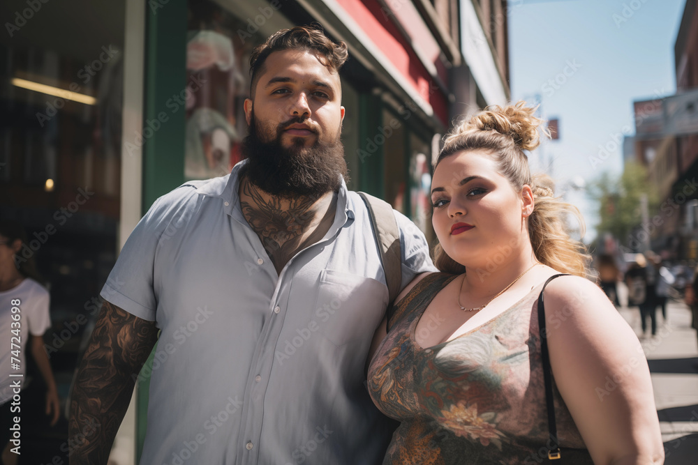 Happy couple of two body positive persons, street photography. Concept of self acceptance