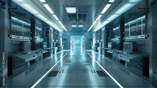 Automation relationships. State-of-the-art server room gleaming with blue neon lights  epitomizing the pinnacle of current data management and secure technology systems