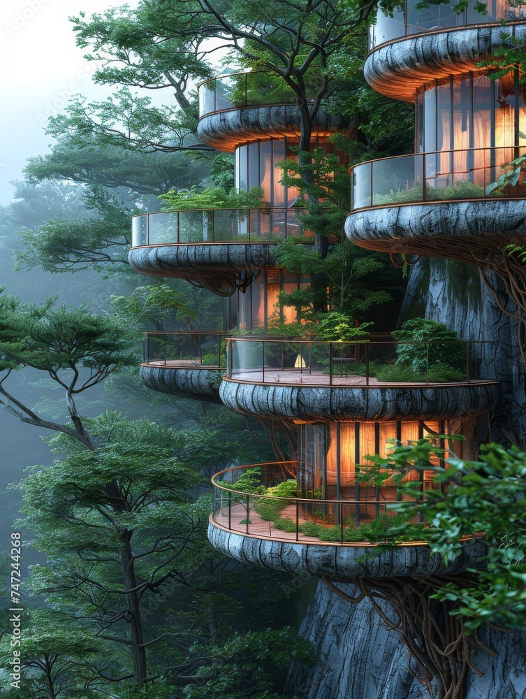 Tree House Nestled in Cliffside