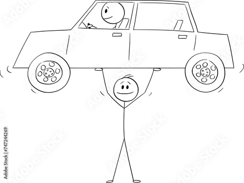 Person or Businessman Lifting Car in Hands, Vector Cartoon Stick Figure Illustration
