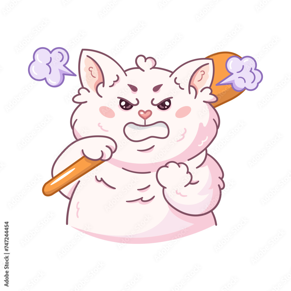 Fototapeta premium An angry fluffy white cat with a baseball bat in his hands. A cartoon character of a pet. Vector illustration isolated on a white background