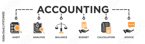 Accounting banner web icon illustration concept for business and finance with an icon of the audit, analysis, balance, budget, calculation, and advice