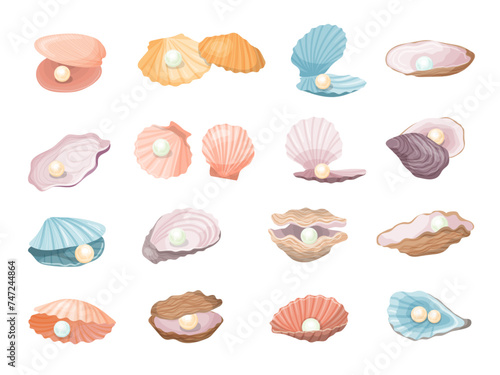 Natural pearl. Aquatic seashell with pearls recent vector luxury beautiful jewelry