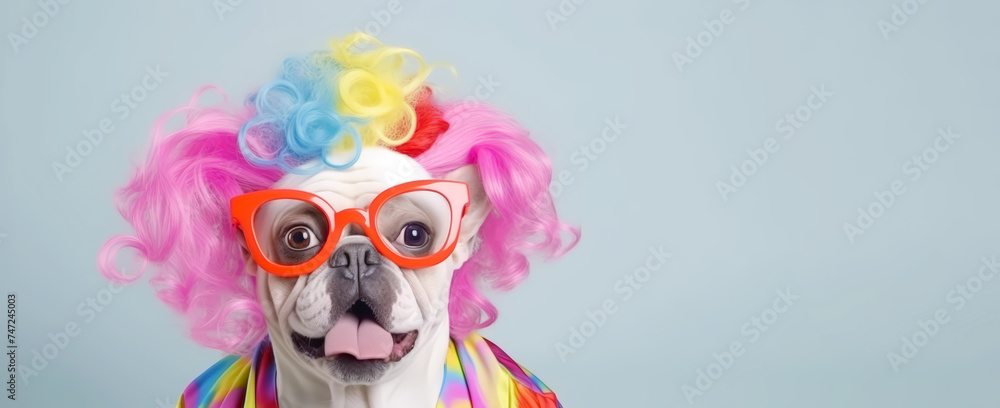 playful dog in colorful wig and joker outfit dress for April fool day