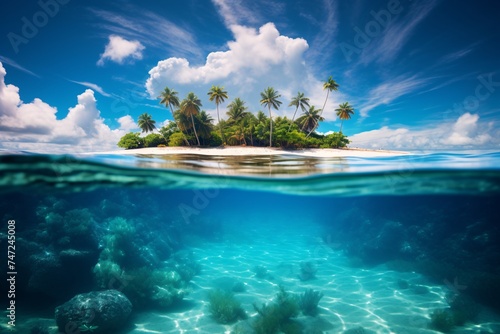 an island with palm trees and coral under water