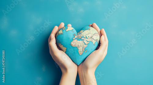 Flat lay hand hold world heart shape , World environmental , Earth day ,Save the earth.