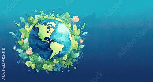 Vector illustration world map globe in meadow field, a World environmental day and Earth day