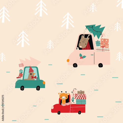 Animals are traveling in a car with a Christmas tree and gifts. New Year's bustle. Children's illustration for advent calendar or poster. 