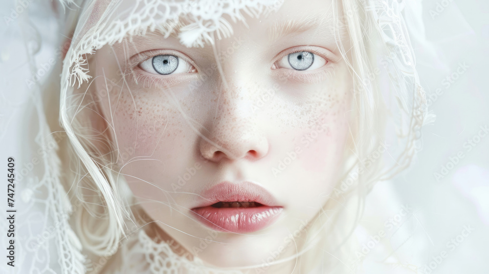 International Albinism Awareness Day, portrait of an albino girl of model appearance, genetic feature, Well-kept skin, fresh look, the concept of clean skin and cosmetology International Albinism Awareness Day, portrait of an albino girl of model appearance, genetic feature, Well-kept skin, fresh look, the concept of clean skin and cosmetology