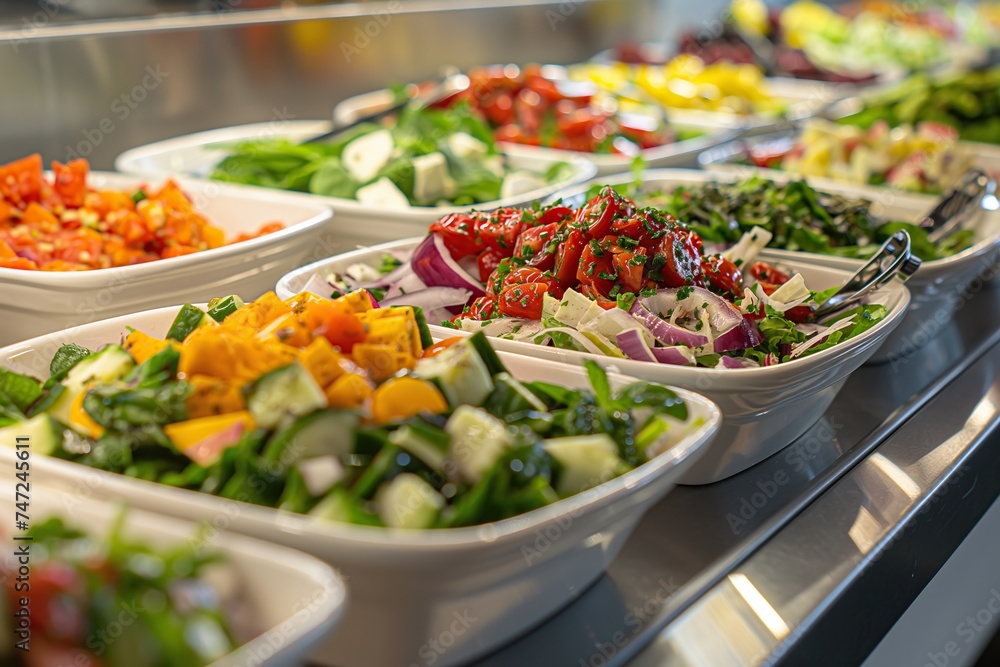 Colorful Vegetable Salads Arranged on a Buffet Counter, A neatly arranged assortment of colorful vegetable salads on a sleek buffet counter