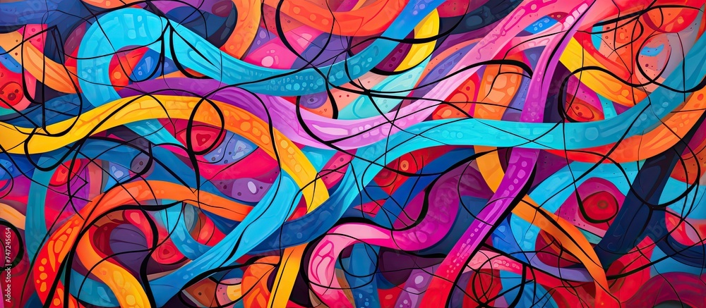 This painting features a dynamic array of colorful lines and swirls on a patterned background, creating a visually captivating abstract composition.