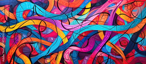 This painting features a dynamic array of colorful lines and swirls on a patterned background, creating a visually captivating abstract composition.