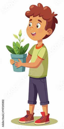Boy in green t-shirt and sneakers walking and carrying a pot with a plant, cartoon children's character. Vector illustration isolated on white