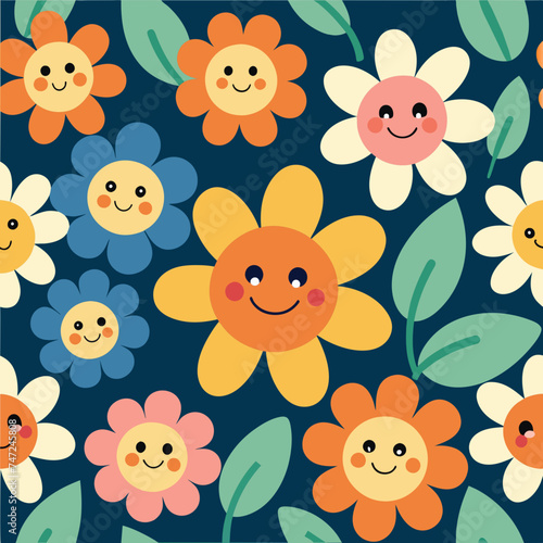 Flowers with faces cartoon children s pattern. Vector illustration