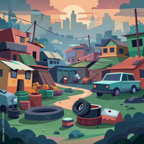 Cartoon illustration of a junkyard for recycling old cars on a city background. Vector illustration